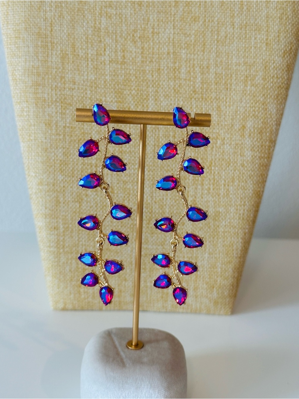 Fashion Jewelry Gold-Tone Drop Earrings with Iridescent Purple Stones